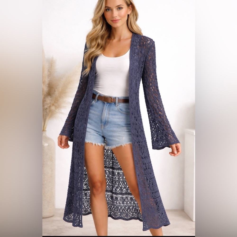 Abercrombie & Fitch Longline Crochet Duster Cardigan Size XS/S Boho Bell Sleeve